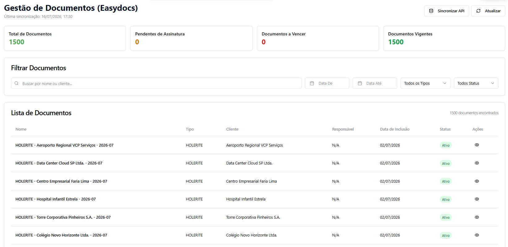 Tela real do EasyDocs para gestão, filtros e acompanhamento de documentos