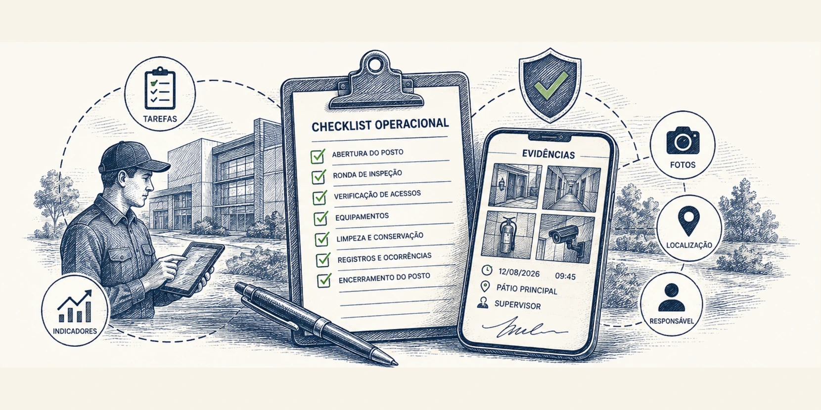 Ilustração sobre checklists, tarefas e evidências operacionais