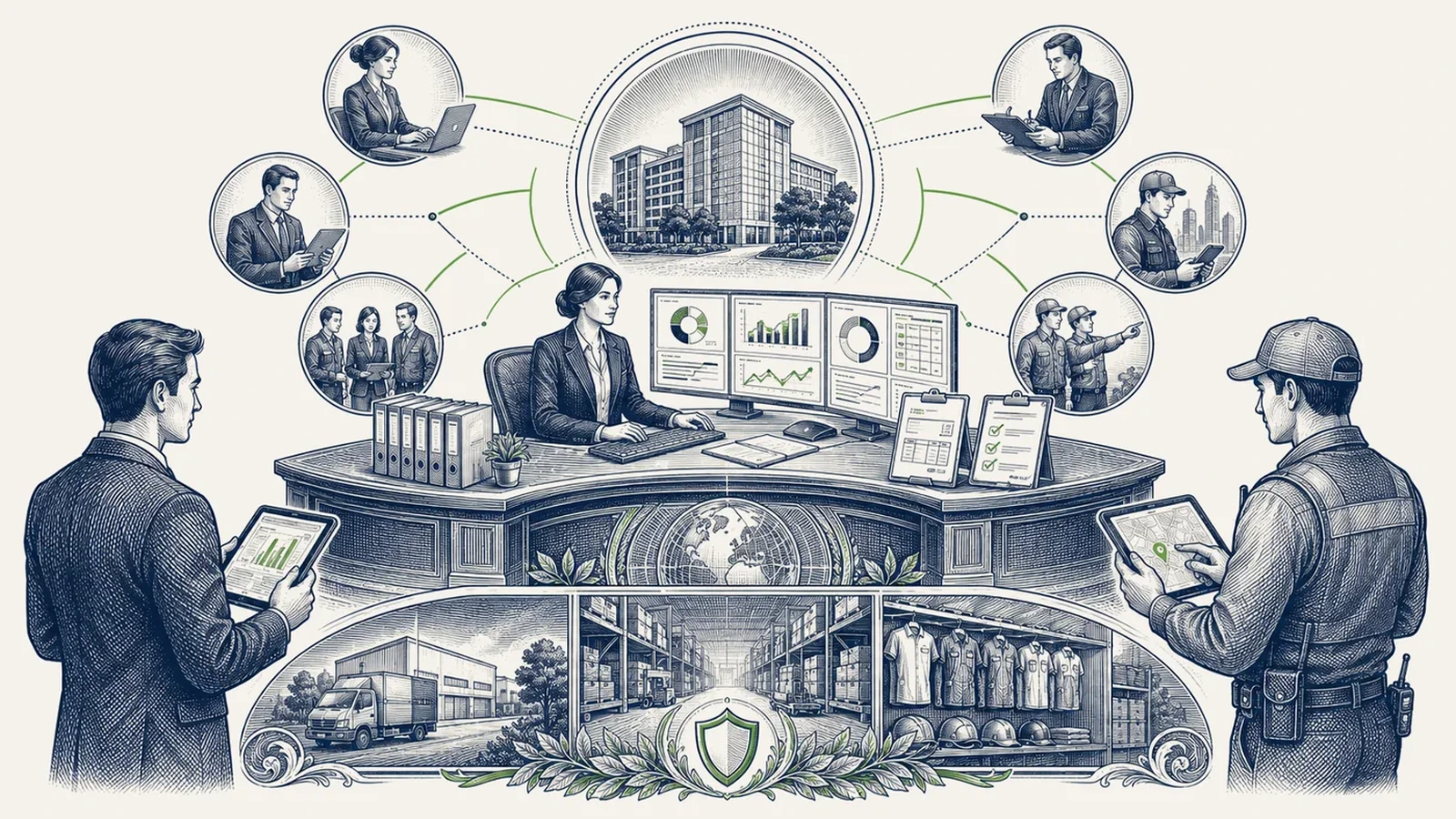 Ilustração editorial sobre turnover, equipes, recrutamento, retenção e risco operacional por contrato
